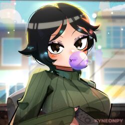  1girl artist_name black_hair blush brown_eyes chewing_gum closed_mouth commentary eyeshadow highres holding hollie_hawkes kyneonpy looking_at_viewer makeup purple_eyeshadow scott_pilgrim_(series) short_hair solo upper_body 