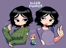  2girls absurdres black_eyes black_hair blush commentary_request eyeshadow freckles green_jacket green_sweater hand_up highres hollie_hawkes index_finger_raised jacket kim_pine long_sleeves looking_at_viewer makeup multiple_girls purple_background purple_eyeshadow purple_shirt rariatto_(ganguri) red_hair ribbed_sweater scott_pilgrim_(series) scott_pilgrim_takes_off shirt short_hair short_sleeves simple_background sleeves_past_wrists solo sweater 