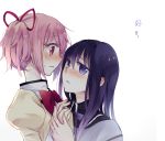  blush bow hair_bow hairband hand_holding holding_hands kaname_madoka long_hair mahou_shoujo_madoka_magica pink_eyes pink_hair purple_eyes purple_hair school_uniform short_hair short_twintails translated twintails violet_eyes yatosaki_haru yuri 