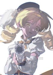 1girl aiming aiming_at_viewer artist_name bilibili_logo bilibili_username black_gloves black_hat blonde_hair chinese_commentary commentary_request crying crying_with_eyes_open detached_sleeves drill_hair fingerless_gloves geezhii gloves gun hat highres long_hair long_sleeves magical_girl magical_musket_(madoka_magica) mahou_shoujo_madoka_magica mahou_shoujo_madoka_magica_(anime) open_mouth puffy_long_sleeves puffy_short_sleeves puffy_sleeves short_sleeves solo tears tomoe_mami tomoe_mami_(magical_girl) twin_drills twitter_username twitter_x_logo weapon yellow_eyes