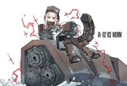  1girl absurdres armored_core armored_core_vi:_fires_of_rubicon chinese_commentary commentary_request drill frider highres humanization ice_worm_(armored_core_vi) long_hair mecha_musume non-humanoid_robot original personification red_eyes robot simple_background sitting smile 