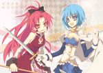  2girls armband artist_request bare_shoulders blue_eyes blue_hair cape detached_sleeves dress gloves grin long_hair magical_girl mahou_shoujo_madoka_magica miki_sayaka open_mouth polearm ponytail red_eyes redhead sakura_kyouko source_request spear sword weapon 