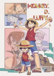  5boys aged_down arms_up bandaid bandaid_on_face beard blonde_hair blue_shorts character_name clenched_hand closed_eyes commentary facial_hair full_body fur-trimmed_shorts fur_trim grin hand_on_own_hip hat highres looking_at_viewer male_focus monkey_d._garp monkey_d._luffy multiple_boys old old_man one_piece outstretched_arms portgas_d._ace red_eyes red_tank_top red_vest robinlovesop sabo_(one_piece) sandals scar scar_on_cheek scar_on_face shanks_(one_piece) shorts smile sparkle standing straw_hat tank_top vest white_hair 