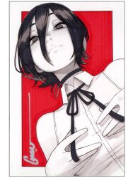  1girl artist_name black_choker black_ribbon border chainsaw_man choker close-up closed_mouth collared_shirt english_text grenade_pin highres lips looking_at_viewer medium_hair neck_ribbon omar_dogan red_background reze_(chainsaw_man) ribbon scan shirt signature simple_background sleeveless sleeveless_shirt solo traditional_media two-tone_background white_background white_border white_shirt 