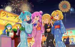  6+girls :d ^_^ aerial_fireworks alice_margatroid alternate_costume animal_ear_piercing animal_ears apron arm_ribbon bird_wings black_hair black_kimono blonde_hair blue_bow blue_dress blue_eyes blue_hair blue_headscarf blue_kimono blue_ribbon blush bow bowtie braid breasts brown_kimono cat_ears chen cirno closed_eyes closed_mouth collared_shirt commentary_request cooking crepe detached_wings double_bun dress earrings egasumi embarrassed fairy fairy_wings fireworks floral_print floral_print_kimono food food_on_face green_apron green_hat green_headscarf green_sash grey_kimono hair_bobbles hair_bow hair_bun hair_ornament hairband handkerchief haniyasushin_keiki hat hat_ribbon headscarf highres holding holding_crepe holding_food holding_handkerchief hoop_earrings ice ice_shaver ice_wings japanese_clothes jewelry kawashiro_nitori kimono kirisame_marisa laughing long_hair long_sleeves luna_child magatama magatama_necklace market_stall medium_breasts michigami_nareko mob_cap multiple_girls mystia_lorelei necklace night obi okamisty open_mouth orange_hair orange_sash outdoors patchouli_knowledge pinafore_dress pink_hair pink_kimono print_kimono puffy_short_sleeves puffy_sleeves purple_bow purple_kimono red_bow red_bowtie red_eyes red_hairband red_kimono red_sash ribbon sash shaved_ice shirt short_sleeves side_braid sideways_mouth single_braid single_earring single_strap sleeveless sleeveless_dress small_breasts smile sphere_hair_ornament star_sapphire summer_festival sunny_milk touhou translation_request two_side_up very_long_hair white_hat white_shirt wide_sleeves wings wiping_another's_face yakumo_yukari yatadera_narumi yellow_dress yellow_eyes yellow_sash yoruniwa yukata 