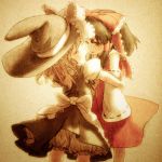  absurdres bloomers bow closed_eyes detached_sleeves eyes_closed feral_lemma hair_bow hakurei_reimu hat high_res highres holding kirisame_marisa long_hair multiple_girls sepia tears touhou witch_hat 
