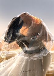  2girls absurdres blonde_hair blue_hair blue_skin bridal_veil colored_skin commentary dress dusk elden_ring english_commentary extra_arms highres holding_hands interlocked_fingers kiss long_hair multiple_girls outdoors ranni_the_witch shizu_miro tarnished_(elden_ring) twitter_username veil wedding_dress white_dress wife_and_wife yuri 