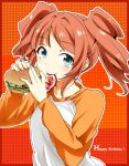  brown_hair eating face food green_eyes hamburger hands idolmaster jpeg_artifacts raglan_sleeves sakayama_shinta smile solo takatsuki_yayoi 