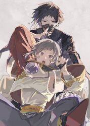 2boys akutagawa_ryuunosuke_(bungou_stray_dogs) black_hair black_nails bungou_stray_dogs commentary_request grey_background grey_hair grey_pants highres looking_at_viewer male_focus multiple_boys nakajima_atsushi_(bungou_stray_dogs) open_mouth pants sidelocks single_sidelock spread_legs teeth totomuraakat twitter_username 