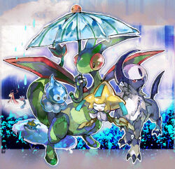  absol black_eyes castform castform_(rainy) commentary_request flygon full_body holding holding_umbrella jirachi kantarou_(8kan) laughing milotic no_humans nostrils pokemon pokemon_(creature) rain red_eyes surskit trapinch umbrella 