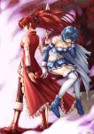  apple back-to-back bare_shoulders blood blue_hair boots breasts cape cleavage closed_eyes cuts detached_sleeves eyes_closed food fruit gloves highres holding_head injury long_hair mahou_shoujo_madoka_magica miki_sayaka multiple_girls polearm ponytail profile red_eyes red_hair redhead sakura_kyouko short_hair spear standing tears thigh-highs thighhighs torn_cape weapon white_gloves zerg zerg309 zettai_ryouiki 