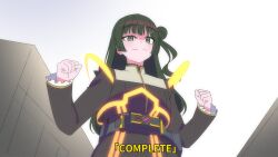  1girl akiha_school_uniform bang_dream! bang_dream!_yumemita belt commentary english_commentary from_below green_hair hair_bun hair_ornament hairclip henshin henshin_pose highres kaixa_driver kaixa_phone kamen_rider kamen_rider_555 kamen_rider_kaixa long_hair long_sleeves mole mole_under_mouth one_side_up reiei_8 rider_belt school_uniform single_side_bun skirt solo standing upper_body viola_(bang_dream!) x_hair_ornament 