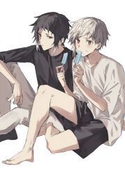  2boys akutagawa_ryuunosuke_(bungou_stray_dogs) arm_on_knee black_hair black_shirt black_shorts bungou_stray_dogs food grey_hair grey_pants highres holding holding_food holding_popsicle knee_up long_sleeves male_focus multiple_boys nakajima_atsushi_(bungou_stray_dogs) pants popsicle shirt short_hair shorts sidelocks simple_background single_sidelock sitting sweat t-shirt totomuraakat white-shirt white_background 
