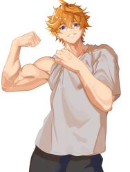  1boy ahoge biceps black_pants blue_eyes collarbone commentary_request crew_neck flexing genshin_impact grey_shirt grin hair_between_eyes highres looking_at_viewer male_focus nyoma0410 orange_hair pants shirt short_hair simple_background smile solo_focus tartaglia_(genshin_impact) toned toned_male veins veiny_arms white_background 