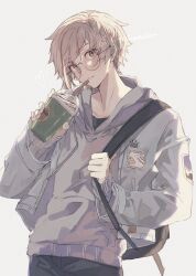  1boy alternate_costume backpack bag bespectacled black_pants bungou_stray_dogs commentary cup disposable_cup glasses grey_jacket grey_sweater heart highres jacket jacket_over_hoodie looking_at_viewer male_focus nakajima_atsushi_(bungou_stray_dogs) pants round_eyewear short_hair simple_background single_sidelock solo sweater totomuraakat twitter_username untranslatable_commentary white_background 