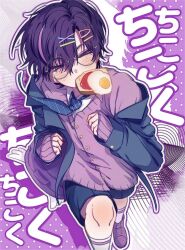  >_< 1boy absurdres backpack bag bespectacled blue_jacket blue_necktie blue_shorts blush bread bread_slice cardigan collared_shirt commentary_request curled_fingers curtained_hair diagonal-striped_clothes diagonal-striped_necktie drop_shadow facing_viewer food food_in_mouth from_above glasses hair_ornament hands_up highres jacket jacket_partially_removed kneehighs korean_commentary leg_up male_focus mole mole_under_eye mouth_hold multicolored_hair necktie open_clothes open_jacket oto_rainy outline purple_cardigan purple_hair purple_outline purple_shoes rob0hacker round_eyewear running school_uniform shirt shoelaces shoes short_hair shorts skort skoshism sleeves_past_wrists socks solo streaked_hair striped_clothes striped_necktie tearing_up toast toast_in_mouth triangle_hair_ornament utaite v-shaped_eyebrows very_short_hair violet_eyes virtual_youtuber white_outline white_shirt winged_bag x_hair_ornament 