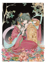  absurdres chinese_clothes commentary essielop flower full_body green_hair hagoromo hanfu highres kneeling kusuriya_no_hitorigoto looking_at_viewer lotus maomao_(kusuriya_no_hitorigoto) pink_hanfu shawl tree water 