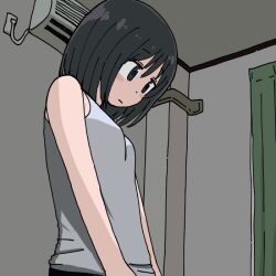  1girl air_conditioner armpit_crease bare_arms bare_shoulders black_eyes black_hair blush_stickers breasts closed_mouth curtains dot_nose from_side hair_between_eyes indoors knots_(nebatuki) light_frown looking_ahead medium_hair original shade small_breasts solo standing tank_top upper_body 
