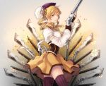  bad_id beret blonde_hair breasts corset detached_sleeves drill_hair eno_(kdex) fingerless_gloves gloves gun hair_ornament hat highres magical_musket mahou_shoujo_madoka_magica pleated_skirt puffy_sleeves rifle skindentation skirt solo thigh-highs thighhighs tomoe_mami weapon yellow_eyes zettai_ryouiki 