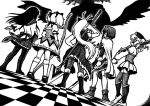  akemi_homura arrow beret boots bow bow_(weapon) cape checkered detached_sleeves drill_hair dutch_angle from_behind gloves gun hair_bow hair_ornament hair_ribbon hat kaname_madoka kneehighs long_hair magical_musket mahou_shoujo_madoka_magica miki_sayaka monochrome multiple_girls pantyhose polearm ponytail ribbon rifle sakura_kyouko short_hair short_twintails spear sword tomoe_mami twintails walpurgis_no_yoru_(madoka_magica) walpurgisnacht_(madoka_magica) weapon white_gloves 