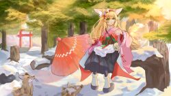  1girl :o absurdres animal animal_ears ankle_socks arknights bag black_pantyhose black_skirt blonde_hair chinese_commentary commentary_request day flower fox full_body green_eyes grey_socks hairband highres in_tree japanese_clothes kimono long_hair long_sleeves official_alternate_costume oil-paper_umbrella outdoors pantyhose parted_lips partial_commentary pink_kimono plant red_hairband red_ribbon ribbon sitting sitting_in_tree skirt snow socks solo sunlight suzuran_(arknights) suzuran_(yukibare)_(arknights) tassel torii tree tree_stump umbrella white_flower wuyue_yu yagasuri yellow_flower 