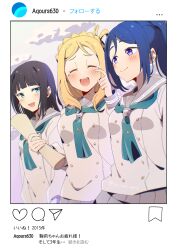  3girls aqours_3rd_years aqua_neckerchief blonde_hair blue_eyes blue_hair braid breasts closed_eyes commentary_request crown_braid fake_screenshot hair_intakes hair_rings highres holding instagram kurosawa_dia love_live! love_live!_sunshine!! matsuura_kanan medium_breasts mole mole_under_mouth multiple_girls neckerchief ohara_mari open_mouth pleated_skirt ponytail school_uniform serafuku single_hair_ring skirt small_breasts smile tearing_up translation_request uranohoshi_school_uniform violet_eyes wolf_ggwin 