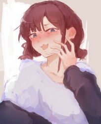  1girl :3 black_jacket blush brown_hair girls_band_cry highres iseri_nina jacket kashiko_ma long_sleeves low_twintails off_shoulder open_mouth shirt short_hair short_twintails smug solo twintails white_shirt 