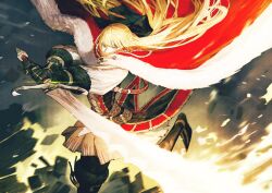  1girl arms_up attack belt black_boots black_corset black_gloves black_pants black_ribbon blonde_hair blurry blurry_background boots brown_belt cape commentary_request corset covered_mouth cross-laced_clothes debris depth_of_field fire flamberge flamberge_(navigavi) flaming_sword flaming_weapon floating_cape floating_hair foot_out_of_frame fur-trimmed_gloves fur_trim gloves glowing glowing_sword glowing_weapon grey_eyes hair_over_face hair_over_mouth hair_ribbon highres holding holding_sword holding_weapon index_finger_raised jun_(navigavi) leg_up light_particles lips long_hair long_sleeves looking_at_viewer motion_blur multiple_belts nose_shade original pants parted_lips pleated_skirt red_cape red_corset ribbon shirt skirt smile solo standing standing_on_one_leg sword thigh_boots two-handed two-handed_sword two-tone_corset weapon white_shirt white_skirt 