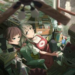  2girls blue_eyes brown_hair cash_register ceiling_fan chair character_doll cigarette commentary_request doll drinking_straw earphones ebizuka_tomo fj5fq88gsv84580 girls_band_cry grey_hair highres indoors iseri_nina kawaragi_momoka long_hair magazine_(object) multicolored_hair multiple_girls phonograph rain red_eyes roots_(hair) shared_earphones short_hair smoke 