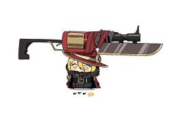  1girl ant blonde_hair bug chibi co_duck coat cracker don_quixote_(project_moon) fedora food fur_coat gun gunblade hat limbus_company project_moon short_hair snot thumb_(identity)_(project_moon) weapon white_background yellow_eyes 