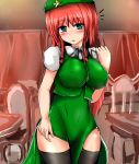  black_legwear blue_eyes blush braid breasts china_dress chinese_clothes hat hong_meiling ikeruga large_breasts long_hair red_hair redhead solo star thigh-highs thighhighs touhou twin_braids 