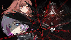  3girls absurdres android black_hair black_sclera brown_hair child colored_inner_hair colored_sclera cracked_face extra_arms goddess_of_victory:_nikke highres liliweiss_(nikke) long_hair multicolored_hair multiple_girls only_one_(nikke) pink_hair pogungunner rapture_queen_(nikke) red_eyes shiny_eyes short_hair skin_seams sparkling_eyes star-shaped_pupils star_(symbol) symbol-shaped_pupils two-tone_hair white_hair 