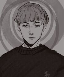  1boy aegyo_sal animification black_sweater blunt_bangs bowl_cut closed_mouth dylann_roof facing_viewer grey_background greyscale hatching_(texture) highres linear_hatching lips looking_at_viewer male_focus mole mole_under_mouth monochrome nose nose_shade nostrils portrait real_life ribbed_sweater rossroof shiny_eyes short_hair spiral_background sweater swirl thick_eyebrows true_crime veiny_neck very_short_hair 