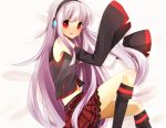  bad_id bare_shoulders blush detached_sleeves headphones kneehighs long_hair lying midriff miniskirt navel no_nose on_side open_mouth pillow red_eyes silver_hair skirt sleeves_past_wrists solo sukone_tei utau vocaloid yuyupo 