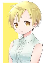 1girl alternate_hair_length_(shorter) alternate_hairstyle blonde_hair closed_mouth collared_shirt commentary_request linco mahou_shoujo_madoka_magica mahou_shoujo_madoka_magica_(anime) shirt short_hair simple_background sleeveless sleeveless_shirt smile solo tomoe_mami very_short_hair white_shirt yellow_eyes