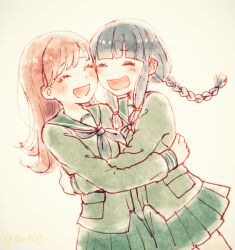  2girls :d ^_^ blush brown_background closed_eyes commentary_request couple cowboy_shot green_sailor_collar green_serafuku green_shirt green_skirt happy hug kantai_collection kitakami_(kancolle) long_sleeves miniskirt multiple_girls mutual_hug neckerchief ooi_(kancolle) open_mouth orange_hair pale_colors pleated_skirt sailor_collar school_uniform serafuku shirt simple_background skirt smile suzzy yuri 