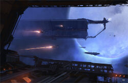  blue_theme commentary eve_online flying georg_hilmarsson glowing no_humans photoshop_(medium) planet scenery science_fiction space spacecraft thrusters 