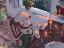  book brown_fur candle chair commentary_request highres no_humans paint paintbrush painting_(action) panha picture_frame plant pokemon pokemon_(creature) pokemon_focus potted_plant sitting smeargle table tail tongue window 