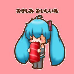 1girl absurdres ahoge blue_hair chibi chibi_only commentary_request eating fish_(food) food full_body hatsune_miku highres holding holding_food long_hair pink_background sashimi sh1n_chan solo standing tuna twintails very_long_hair vocaloid 