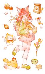  >_< 1girl absurdres ahoge animal animal_ear_fluff animal_ears ankle_socks apple bag basket bird blunt_bangs bouquet bow bowtie brown_eyes cat cat_ears chicken chinese_clothes chinese_commentary cloak clothed_animal commentary_request crossover dot_nose ear_covers egg fake_animal_ears flower food food-themed_creature food_print fruit fruit_print full_body fur-trimmed_socks fur_scarf green_shirt green_shoes hair_flower hair_ornament hair_rings happy highres holding holding_animal holding_bird holding_bouquet hood hood_up hooded_cloak infinity_nikki jingyanyan junimo knees leg_up light_blush long_sleeves looking_at_viewer mary_janes medium_hair miniskirt momo_(nikki) nikki_(nikki) nikki_(series) open_mouth paper_bag peach_print persimmon pink_flower pink_hair pink_skirt pink_vest pleated_skirt pom_pom_(clothes) pom_pom_hair_ornament print_sleeves print_vest puffy_long_sleeves puffy_sleeves red_bow red_bowtie scarf shirt shoes sidelocks simple_background skirt smile socks stardew_valley tareme traditional_bowtie tulip vest wavy_hair whisk white_background white_cat white_flower white_scarf white_socks yellow_cloak yellow_flower 