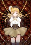  beret blonde_hair breast_squeeze breasts closed_eyes corset detached_sleeves drill_hair eyes_closed fingerless_gloves gloves hair_ornament hat magical_girl mahou_shoujo_madoka_magica pleated_skirt sakayan skirt thigh-highs thighhighs tomoe_mami vertical-striped_legwear 