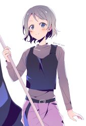  1girl black_tank_top blue_eyes commentary_request cowboy_shot flag grey_hair grey_shirt highres holding holding_flag love_live! love_live!_sunshine!! pants purple_pants shirt short_hair smile solo tank_top tank_top_over_shirt twitter_username watanabe_you wolf_ggwin 