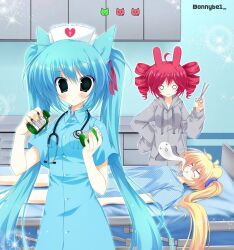  2000s_(style) 3girls :< :3 adorable akita_neru animal_hospital_(roblox) aqua_eyes aqua_hair artist_name blonde_hair blue_shirt blush bunny_girl buttons cat_ears cat_girl closed_mouth cute death drill_hair fanloid faux_retro_artstyle female female_only frills frown ghost girl grey_jacket hand_on_hip hand_on_own_hip hatsune_miku head_nurse_(animal_hospital) head_nurse_(animal_hospital)_(cosplay) holding holding_scissors hospital hospital_bed intern_(animal_hospital) intern_(animal_hospital)_(cosplay) jacket jelly_(bonnybel) kasane_teto kawaii long_hair long_sleeves mismatched_eyebrows moe multiple_girls nurse nurse_cap o_o open_mouth pill_bottle polka_dot polka_dot_shirt ponytail rabbit_ears rabbit_ears rabbit_girl red_hair roblox scissors shirt short_sleeves side_ponytail sleeves_past_fingers sleeves_past_wrists sparkle split_mouth stethoscope triangle_mouth triple_baka_(group) twin_drills twintails utau v-shaped_eyebrows vocaloid wholesome x_x 