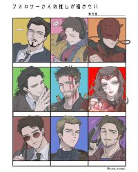  animal_print animification avengers_(series) black_hair blonde_hair blood blue_eyes bodysuit brothers daredevil daredevil_(netflix) daredevil_(series) f_inepou facial_hair fake_horns guardians_of_the_galaxy highres holding holding_baton holding_nunchaku holding_weapon horned_mask horns loki_(marvel) long_hair looking_at_viewer marvel mask matt_murdock multiple_boys muscular nunchaku peter_parker peter_quill red_bodysuit red_tiara scarlet_witch short_hair siblings smile spider-man spider-man_(series) spider_print star-lord steve_rogers superhero_costume thor_(marvel) thor_(marvel)_(series) tony_stark wanda_maximoff weapon 