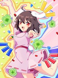  1girl absurdres animal_ears arm_up blush brown_hair carrot_necklace clover commentary dress english_commentary floppy_ears four-leaf_clover highres inaba_tewi jewelry leg_up looking_at_viewer medium_hair necklace notice_lines open_mouth outline pendant pink_dress puffy_short_sleeves puffy_sleeves rabbit_ears rabbit_girl rabbit_tail red_eyes ribbon-trimmed_dress ribbon_trim short_sleeves smile solo tail toogeruu touhou white_outline 