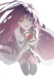 1girl black_thighhighs chinese_commentary commentary_request dress geezhii long_hair magical_girl mahou_shoujo_madoka_magica mahou_shoujo_madoka_magica_(anime) open_mouth red_dress red_eyes red_hair sakura_kyoko sakura_kyoko_(magical_girl) simple_background sleeveless sleeveless_dress solo soul_gem_(madoka_magica) thighhighs very_long_hair white_background
