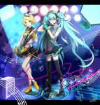  amplifier aqua_eyes aqua_hair boots gloves guitar hair_ribbon hatsune_miku headphones headset instrument kagamine_rin letterboxed lightofheaven long_hair microphone microphone_stand midriff multiple_girls musical_note navel necktie ribbon skirt thigh-highs thigh_boots thighhighs twintails very_long_hair vocaloid 