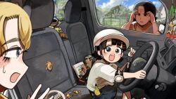  3girls :d absurdres banana bird black_hair black_shorts blonde_hair blue_eyes car_interior car_keys chicken commentary diva_(hyxpk) duck english_commentary food fruit grey_eyes hat highres multiple_girls original shirt short_hair shorts smile sweatdrop white_shirt 