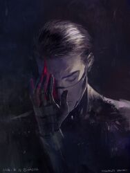  1boy adler_(signalis) android black_background black_hair closed_eyes copyright_name dated fune_(nkjrs12) hand_on_own_face hand_up highres male_focus one_eye_covered portrait realistic short_hair signalis signature skin_seams solo 