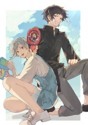  2boys aiming aiming_at_viewer akutagawa_ryuunosuke_(bungou_stray_dogs) black_hair black_shirt blue_overalls blue_sky bungou_stray_dogs clouds commentary_request dress_shirt grey_hair grey_pants highres looking_at_viewer male_focus multiple_boys nakajima_atsushi_(bungou_stray_dogs) on_one_knee overalls pants shirt shirt_tucked_in sidelocks single_sidelock sky squatting totomuraakat water_gun 